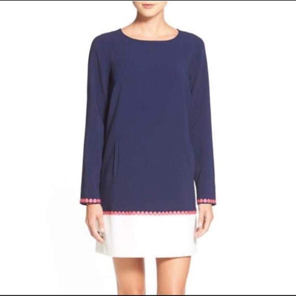 Vineyard Vines Women's Large Navy Shift Dress, Embroidery, Pockets, Long Sleeve